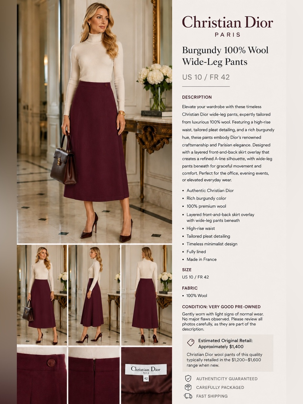 D&G Dolce & Gabbana Wide Leg Burgundy Pants Size 32/46 L | Orig. $1,400